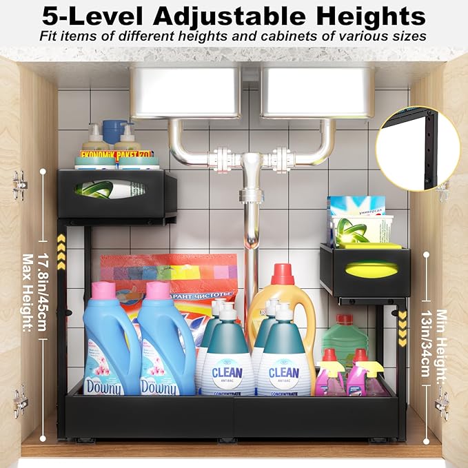 Housolution Under Sink Organizer, 14"-21" Width Expandable, 13"-17" Height Adjustable, 2 Tier Metal Pull Out Under Sink Storage Rack with 3 Sliding Rails for Kitchen Bathroom Cabinet, Double Side