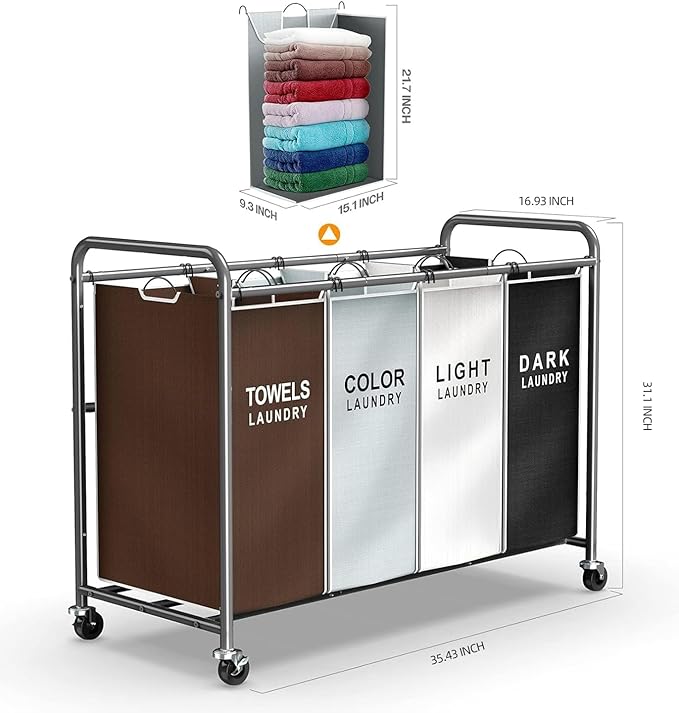 ROMOON Laundry Hamper Sorter Cart: 4-Section Organizer with Heavy-Duty Lockable Wheels and Removable Bags | 172L Rolling Laundry Basket for Dirty Clothes in Laundry Room or Small Spaces (Multicolor)
