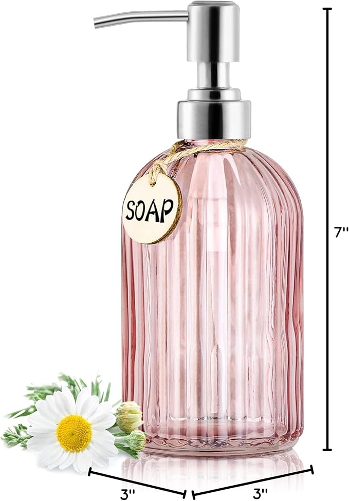 16OZ Fashion Stripe Clear Glass Refillable Soap Dispenser with 304 Stainless Steel Pump Premium Soap Dispenser， for Kitchen, Bathroom, Hand Sanitizer, Liquid Soap, Lotion, etc. (Clear Pink)