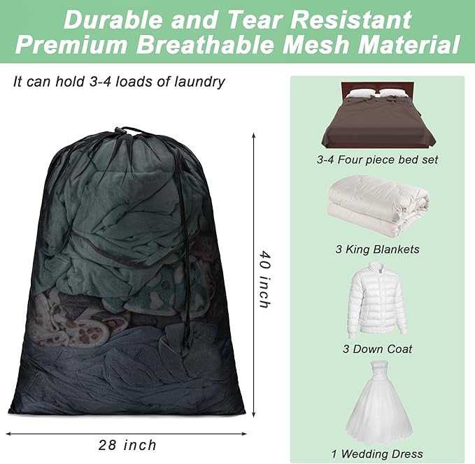 2 Pack Mesh Laundry Bags,Machine Washable Dirty Clothes Organizer with Drawstring and ID Tag, Large Laundry Hamper Liner Enough to Laundry Essentials for Travel, Sports（28" x 40",Black+White)