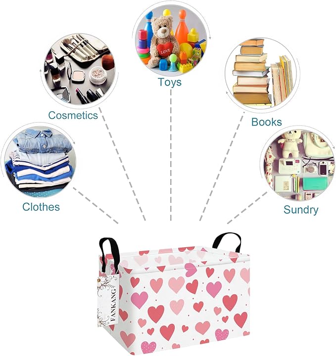 FANKANG Storage Bins,Nursery Hamper Canvas Laundry Basket Foldable with Waterproof PE Coating Storage Baskets for Boys and Girls, Office, Bedroom, Clothes,Toys(Rec-Colorful hearts ）