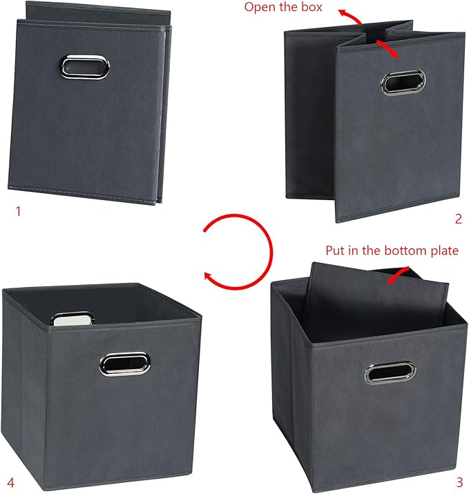 Yunkeeeper storage bins Cubes, Fabric Cube Organizer with Handle, Foldable Cube Bins for Cloth or Accessary Storage, 11x11x11, Set of 6, (Gray)