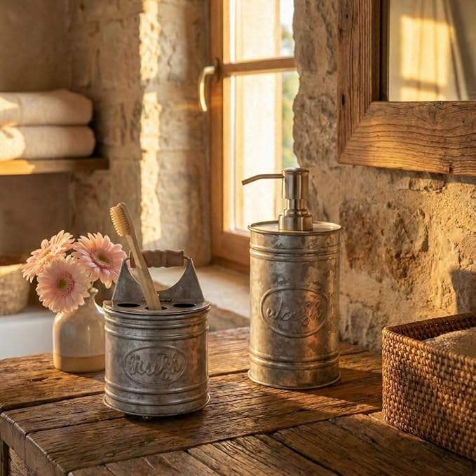 Autumn Alley Rustic Bathroom Accessories Set - Farmhouse Bathroom Soap Dispenser and Toothbrush Holder Set - Western Bathroom Accessories, Farmhouse Decor for Bathroom Countertop, Galvanized Grey