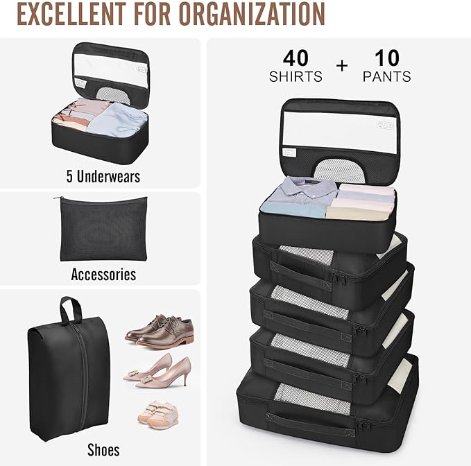 Veken 10 Set Packing Cubes for Travel Essential, Suitcase Organizer Bags in 4 Sizes, Carry-On Luggage Accessories with Large Laundry & Hanging Toiletry Bag, Must-Have for Airplane, Road Trip & Camping