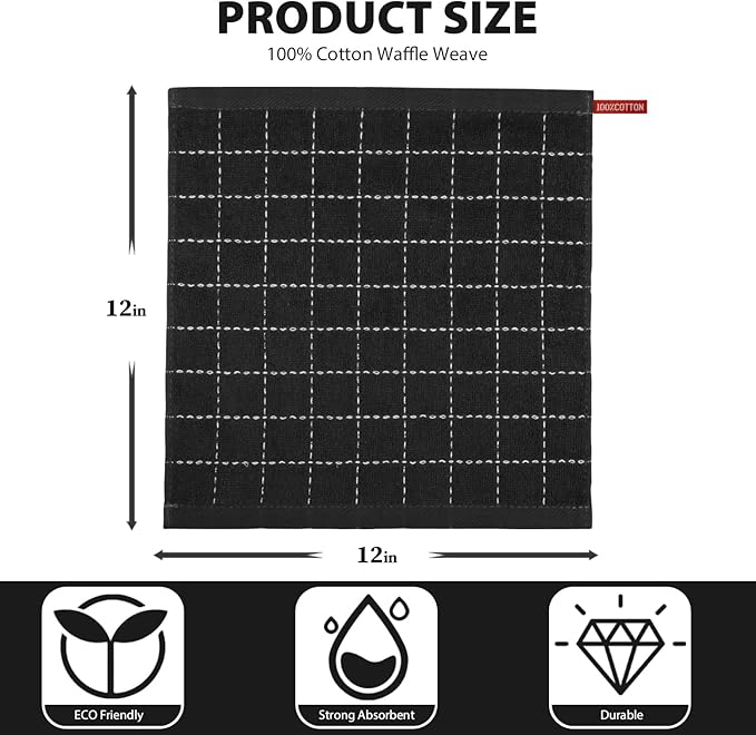 Nialnant 6 Pack Dish Cloths for Washing Dishes, 100% Cotton Reusable Cleaning Rag,Ultra Soft Absorbent, Quick Drying Dish Towels for Kitchen,12x12 Inches Black