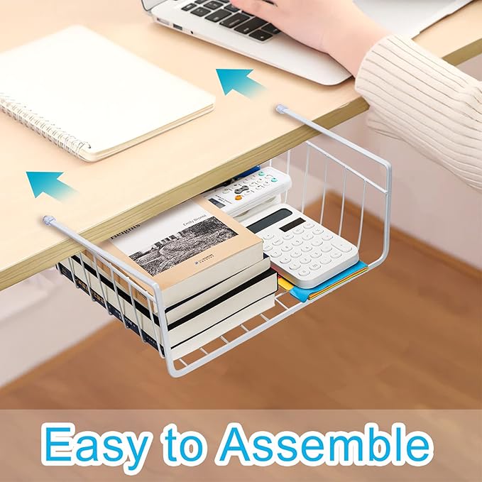 Tebery 4 Pack White Under Shelf Wire Basket Hanging Storage Baskets, Small Add-on Storage Racks Slide-in Cabinet Baskets Organizer for Kitchen Pantry Desk Bookshelf