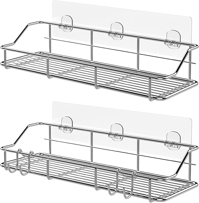 KESOL Adhesive Shower Caddy Shower Shelf Organizer for Bathroom Organization with Hooks, SUS304 Stainless Steel, 2 Pack (Silver)