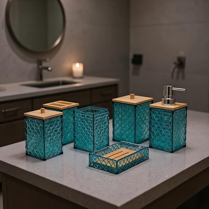 Bathroom Accessory Set,6 Pcs Dark Green Bathroom Set Include Soap Dispenser, Qtip Holder Dispenser, Soap Dish, Toothbrush Holder & Mouthwash Cup.Boho Bathroom Set