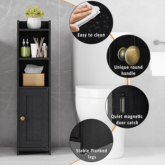 Small Bathroom Storage Cabinet Corner, Floor Cabinet with Adjustable Shelves, Freestanding Narrow Bathroom Toilet Paper Organizers for Small Spaces (Black)