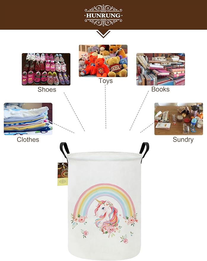 HUNRUNG Laundry Hamper,Large Canvas Fabric Lightweight Storage Basket Toy Organizer Dirty Clothes Collapsible Waterproof for College Dorms（Round-Rainbow Unicorn）
