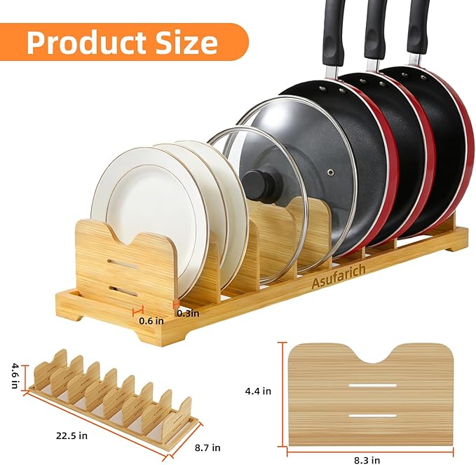 Pots and Pans Organizer Under Cabinet, Cutting Board/Baking Sheets Storage Rack, Adjustable Bamboo Pot Lid Holder, Pot Lid Organizer Inside Cabinet, Pot and Pan Organizers(Natural)