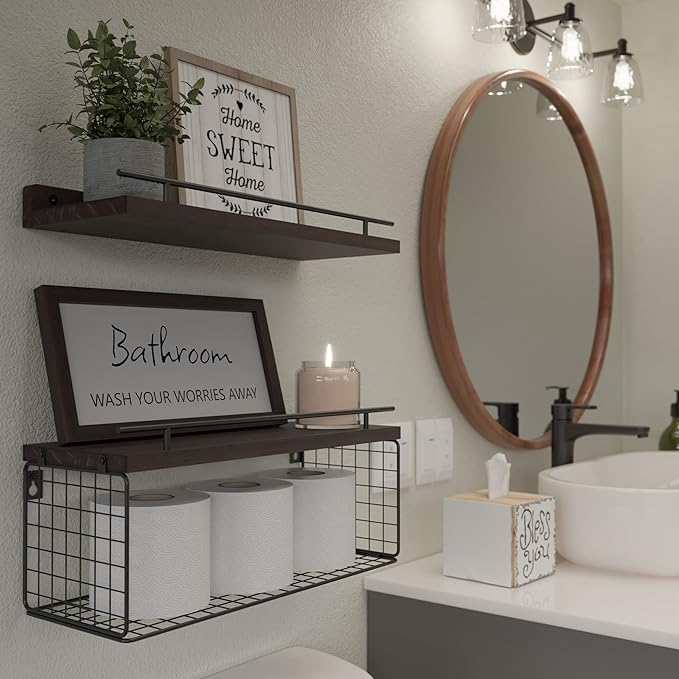 WOPITUES Floating Shelves for Wall Decor Sign, Bathroom Organizers and Storage, Bathroom Shelves Over Toilet with Metal Guardrail-Rustic Brown