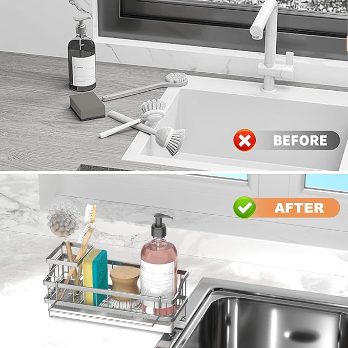 Sponge Holder for Kitchen Sink - Countertop Rustproof Stainless Steel, Sink Caddy, Kitchen Gadgets Accessories (Silver)
