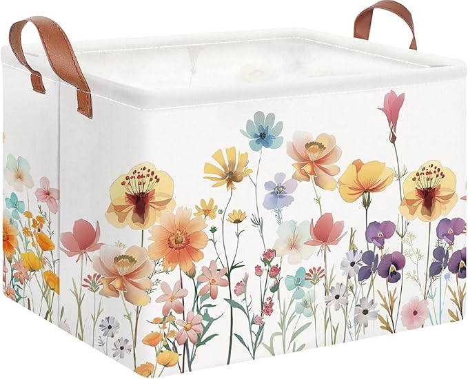 Rectangular Storage Basket Empty,Toys Storage Bin with Handles,Baby Room Decor,Gift Basket,Book Box(Flower)