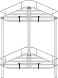 2 Tier Floor Standing Corner Shower Caddy Organizer Shelf with Hooks, Bathroom Shelves Stand Rack, Silver