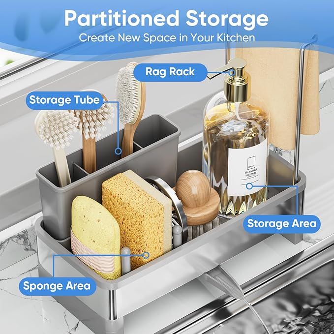 VUSIGN Sponge Holder for Kitchen Sink, Sink Caddy Organizer with Brush Holder, Rustproof Stainless, Self-Draining Sink Organizer for Countertop, Sponges, Brushes, Kitchen Decor and Accessories, Gray