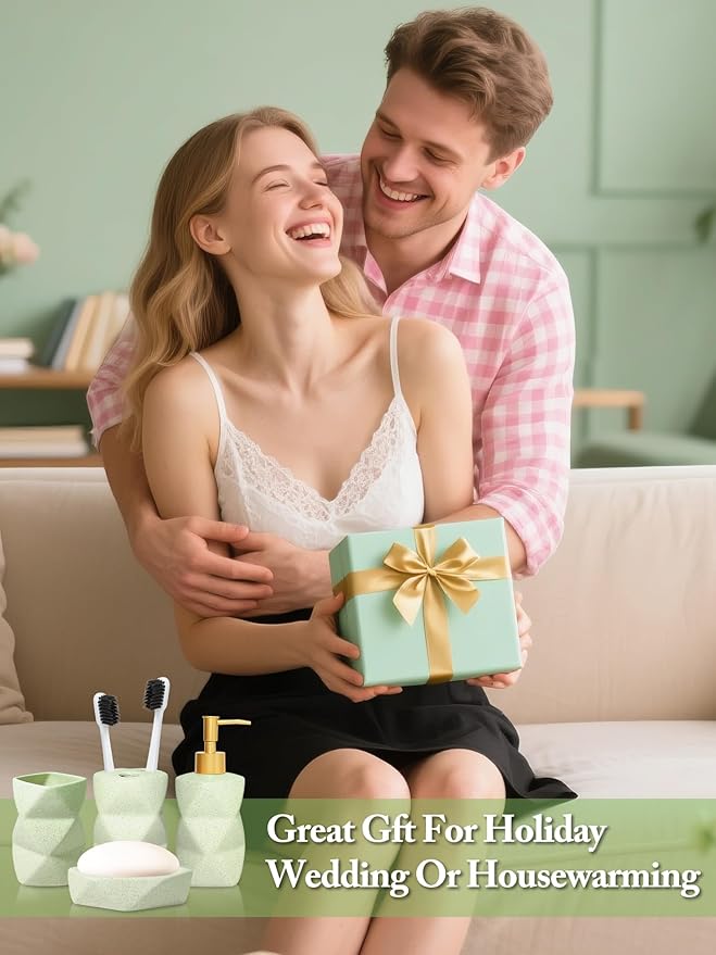 Ceramic Bathroom Accessories Set, 4-Piece Green Bathroom Set Complete with Soap Dispenser Set, Toothbrush Holder, Tumbler & Soap Dish – Bathroom Sets Accessories for Home, Apartment, Idea