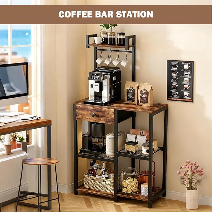 Kitchen Bakers Rack,Microwave Stand with Storage,Adjustable 6 Tier Coffee Bar Staion,Free Standing Bakers Rack with Drawer and Hooks,Kitchen Appliance Storage Shelf for Spices,Pots
