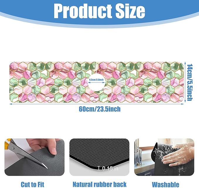 Sink Splash Guard Faucet Mat Abstract Pink and Green Hexagon Texture Absorbent Fast Drying Mat Sink Gadgets Splash Guard Behind Faucet Drip Catcher for Kitchen Bathroom 23.5"X5.5"