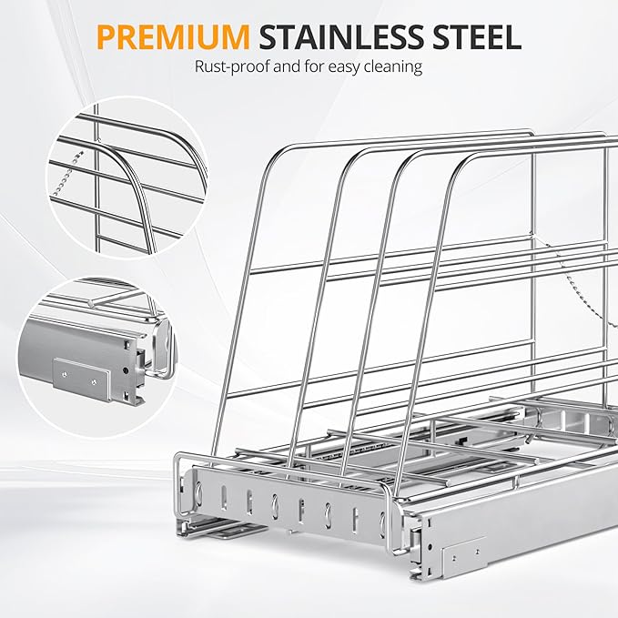 Pull Out Cabinet Organizer for Cutting Board, Cookie Sheet, Baking Sheet, Stainless Steel Sliding Rack for Bakeware & Trays, Heavy-Duty Cutting Board Organizer (9” x 16.5” (22.8 x 41.8 cm))