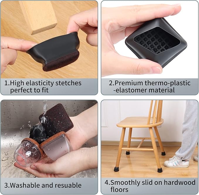 Ezprotekt 24 Pcs Square Chair Leg Floor Protectors for Hardwood Floors, Silicone Felt Furniture Pads, Table Chair Leg Cups Covers, Bar Stools Leg Protectors Caps (XL Fit: 1.5" - 2", Black)