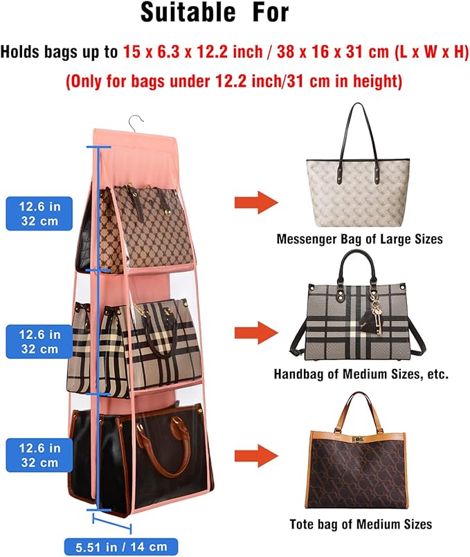Lirex Medium and Large Handbag Hanging Purse Organizer for Closet, Handbag Storage Organizer Hanger Oxford Cloth Closet Organizer for Family Closet Bedroom, Foldable and Universal Fit, Light Pink