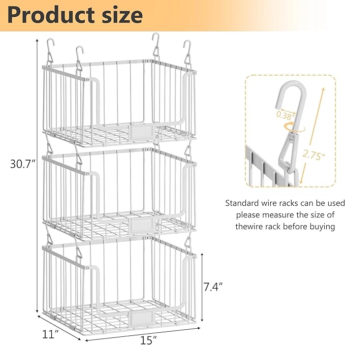 3-Pack Laundry Basket, Wire shelves for Laundry Room Space Saving-Metal Laundry Basket Holde,15"D x 11"W, White