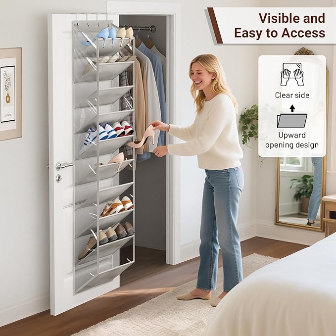 SLEEPING LAMB 10 Tiers Over The Door Shoe Organizer with Clear Deep Pockets, Hanging Shoe Rack for Door Storage 20 Pairs Sneakers Holder for Closet Hanger Boots, Grey