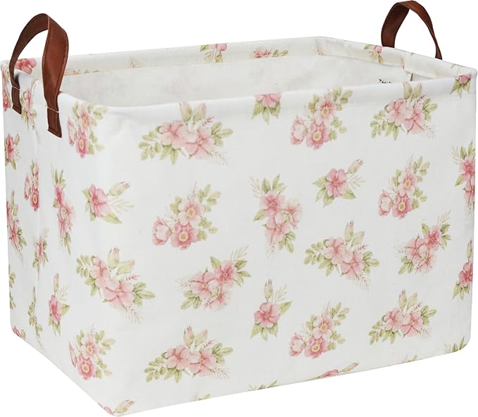 Rectangular Pink Flower Basket for Girls, Storage Bin with Handles, Room Decor, Gift Basket(Pink Flower)
