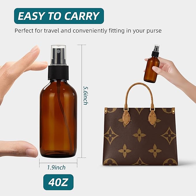 Dark Amber Glass Spray Bottles 4 oz, Small Glass Spray Bottles for Essential Oils, Fine Mist for Face, Hair, Plants, Travel, Perfumes, Cleaning Solutions - 4 Pack