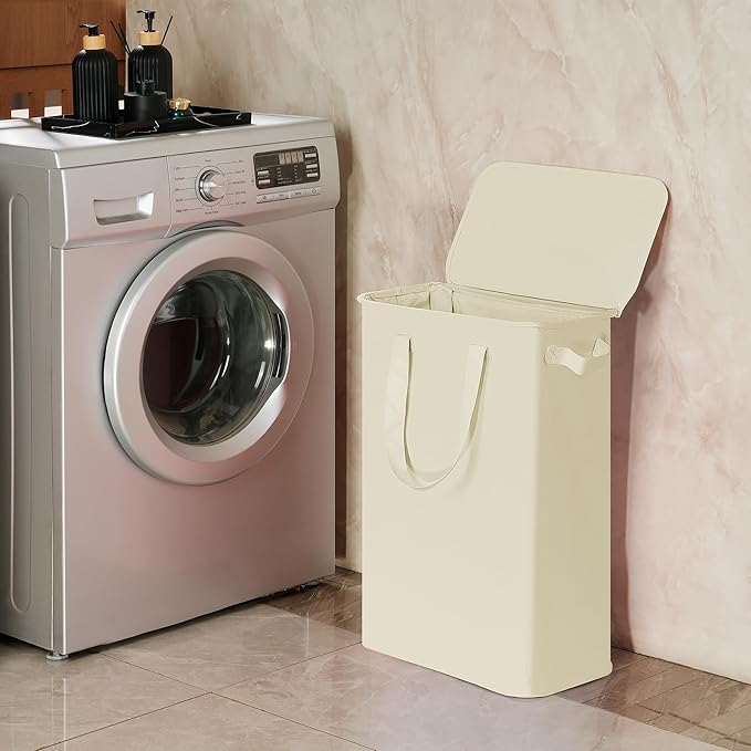 efluky Slim Laundry Basket with Lid, Narrow Laundry Hamper with Handles, Collapsible Dirty Clothes Hamper, Tall Laundry Bin for Laundry Room, Dorm and Bedroom, 55L Beige