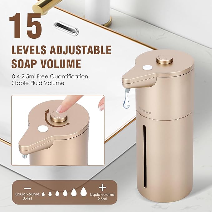 Automatic Soap Dispenser Touchless, Kitchen & Bathroom, Hands-Free, Adjustable Volume, Long Battery Life, Compatible with Thick & Thin Soap, Easy for Toddlers, Clog-Free, Gold ABS