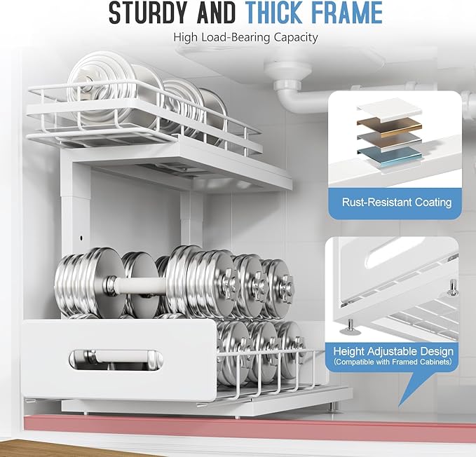 Under Sink Organizer Upgrade To Professional Rails,2-Tier Dual Pull Out Cabinet Storage,Height Adjustable Slide Out Drawers For Bathroom Kitchen,2 Pack-14.5"Dx12.8"-16.9"H,White
