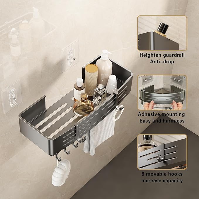 VOLPONE Corner Shower Caddy Adhesive Shower Shelf Corner No Drilling Bathroom Shower Organizer Storage Rack Rust-proof with Towel Bar (2-Pack, Gray)