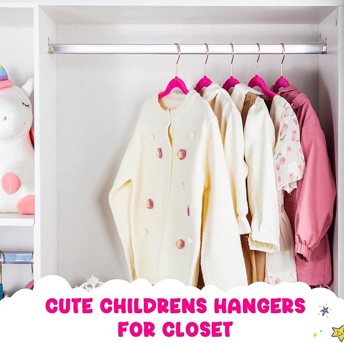 HOUSE DAY Velvet Kids Hangers 60 Pack, Premium Childrens Hangers for Closet, Ultra Thin Cute Clothes Hanger, Non Slip Small Felt Hanger 14 Inch for Kids Clothes, Hot Pink