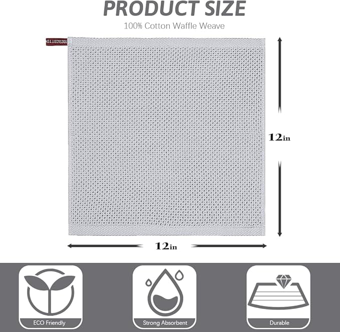 Nialnant 100% Cotton Cleaning Rags,6 Pack Waffle Weave Dish Cloths,Super Absorbent Dish Rags for Washing Dishes-Light Grey,12x12 Inch