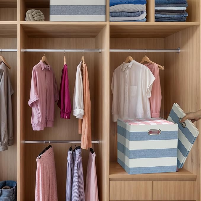 Foldable Cube Storage Bin Organizing Baskets Cubby Boxes Fabric Storage Cubes Organizer Bins with Handles for Organization Shelf Closet, 13"x13"x13", Pack of 4, Blue/White Stripe