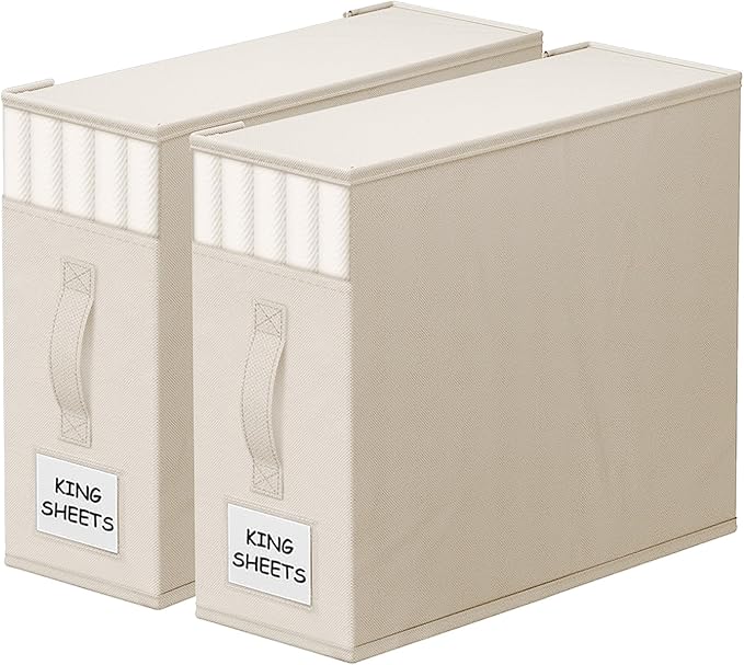 2 Pack Bed Sheet Closet Organizers and Storage,Sturdy Foldable Storage Containers with Window and Label,Storage and Organization for Bedding Sheets,Duvet Covers,Blankets (Beige)