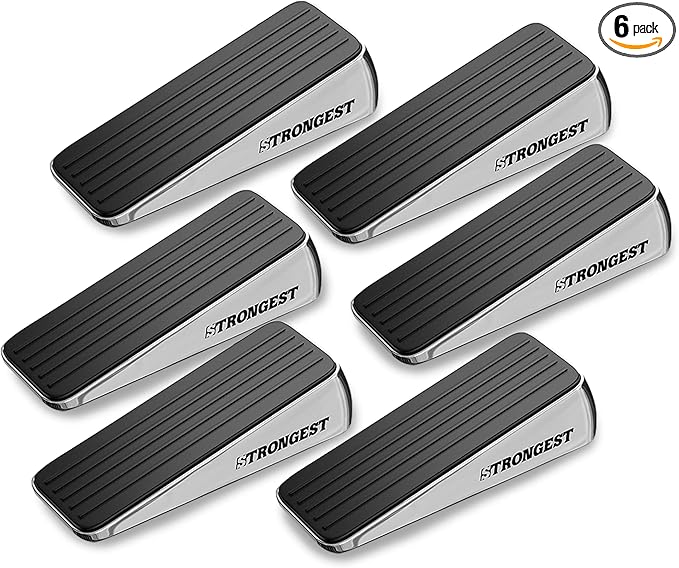 Strongest Home Heavy Duty Door Stopper Wedge (6 Chrome PCs) | Non-Slip Rubber and Metal Door Stop for Heavy Doors| Work on Wood, Tile, Carpet + 6 White Wall Protectors
