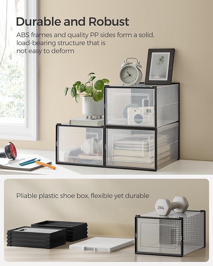SONGMICS Shoe Boxes, Pack of 18 Shoe Storage Organizers, Stackable Clear Plastic Boxes for Closet, Sneakers, 13.7 x 9.9 x 7.4 Inches, Transparent and Black ULSP007B18