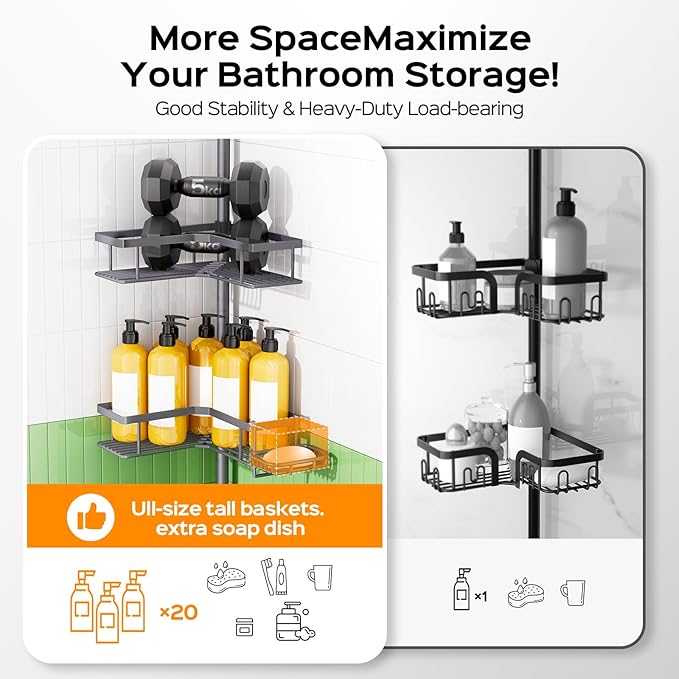 HAMITOR Corner Bathroom Shower Caddy: 4-Tier Rustproof Shampoo Organizer Shelf with Soap Holder - No-Drill Adjustable Standing Tension Pole Rack for Family Homeowners - Space-Saving - 47-123 Inch Gray