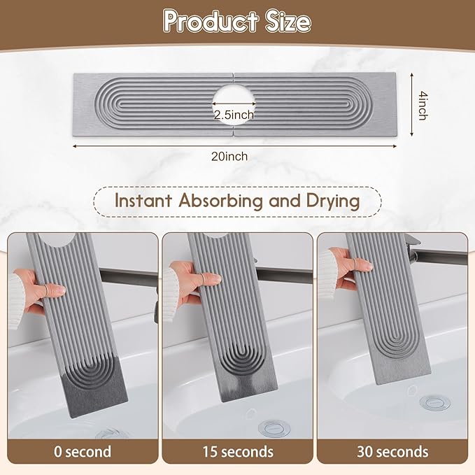 Faucet Mat for Kitchen Sink, Diatomite Quick Drying Tray , 20 Inch Kitchen Sink Splash Guard and Bathroom Stone Tray for Counter. Super Absorben. Light Grey.