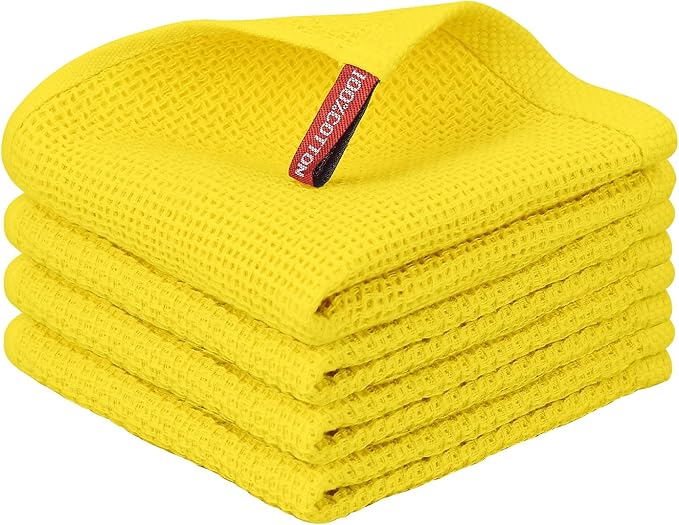 Nialnant 4 Pack Yellow Kitchen Dish Towels, 100% Cotton Waffle Weave Kitchen Dish Cloths for Washing Dishes, Soft Absorbent Dish Rags, Quick Drying Cleaning Rags - 12x12 in