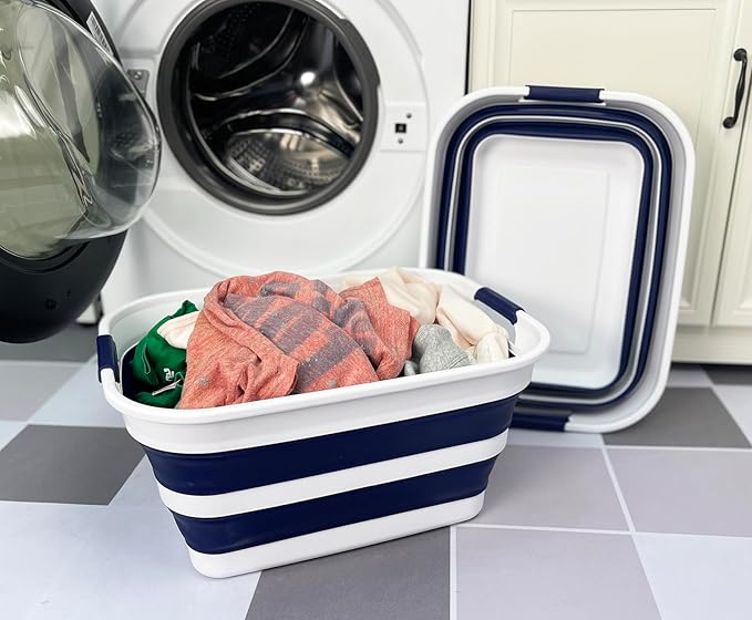 SAMMART Collapsible Plastic Laundry Basket with Handle/Foldable Pop Up Storage Hamper/Portable Laundry Organizer-Space Saving Washing Tub/Household Storage (White/Starry Blue, 27L (Set of 2))