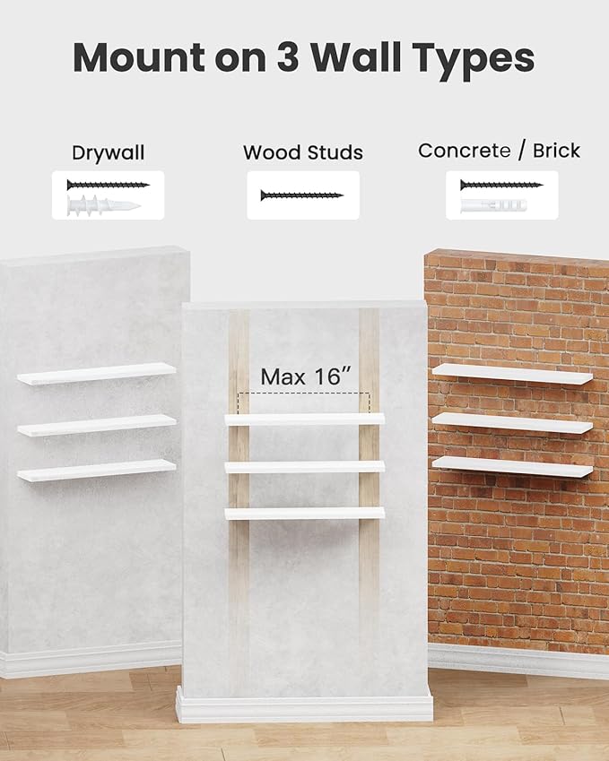 AMADA HOMEFURNISHING 23.6" L Floating Shelves, Wall Shelves Set of 3 for Bathroom/Living Room/Bedroom/Kitchen, White Floating Shelves for Wall Decor with Invisible Brackets - AMFS44W