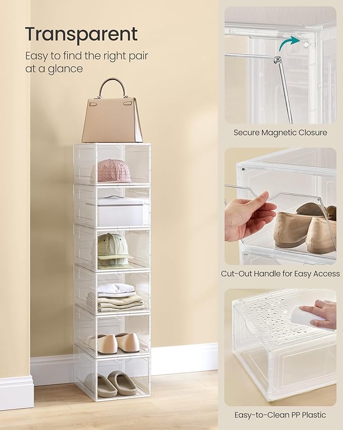 SONGMICS Shoe Boxes, Clear Shoe Organizers, Set of 6, Plastic Shoe Storage with Clear Door, Easy Assembly, up to US Size 11, Transparent White ULSP032W06