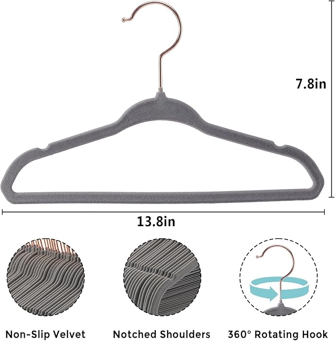 14 Inch Kids Velvet Hangers – 50 Pack | Non-Slip, Space-Saving Closet Hangers for Big Kids & Youth | Durable Felt Hanger with 10 Clips (Gray)