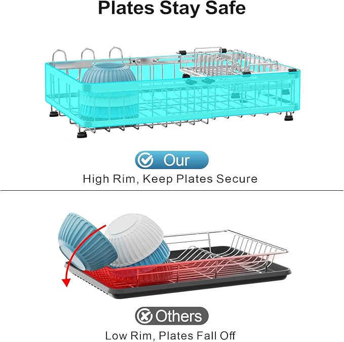 GSlife Large Capacity Expandable Dish Drying Rack with Absorbent Mat, 2-Piece Stainless Steel Dish Drainer Set for Counter with Removable Over Sink Rack, Family Size 16.5"-21.5" L x 15" W, Silver