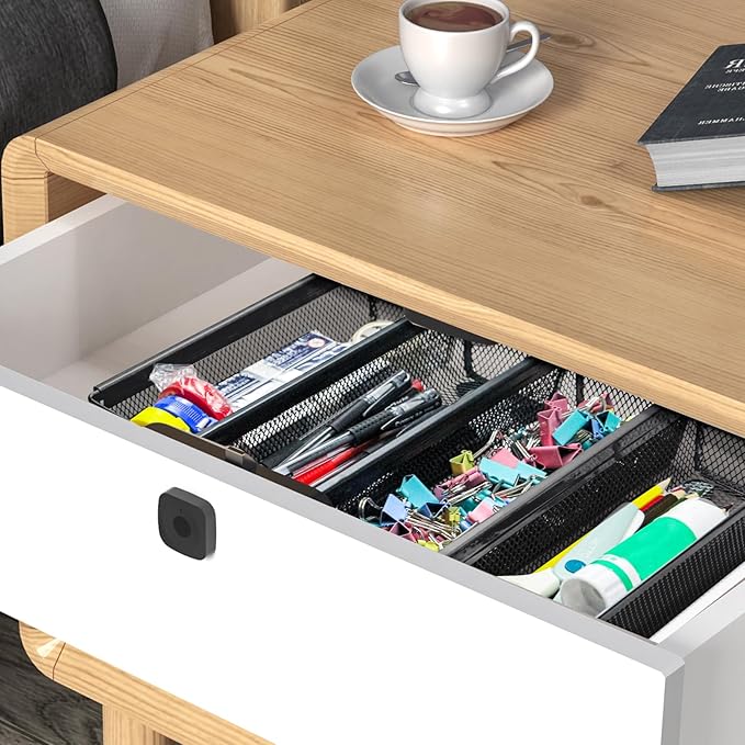 4PCS Drawer Organizer for Kitchen,Utensil Mesh Drawer Organizer with Interlocking Arm for Cosmetic,Flatware,Pen (9 * 3 * 2 Inches,Black)
