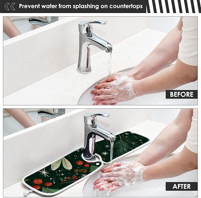 Sink Faucet Absorbing Mat Kitchen Sink Splash Guard Splash Faucet Drip Catcher for Bar RV Bathroom 2PCS 23.6x5.5in Green Christmas Holly Berries Pine Needles Leaves